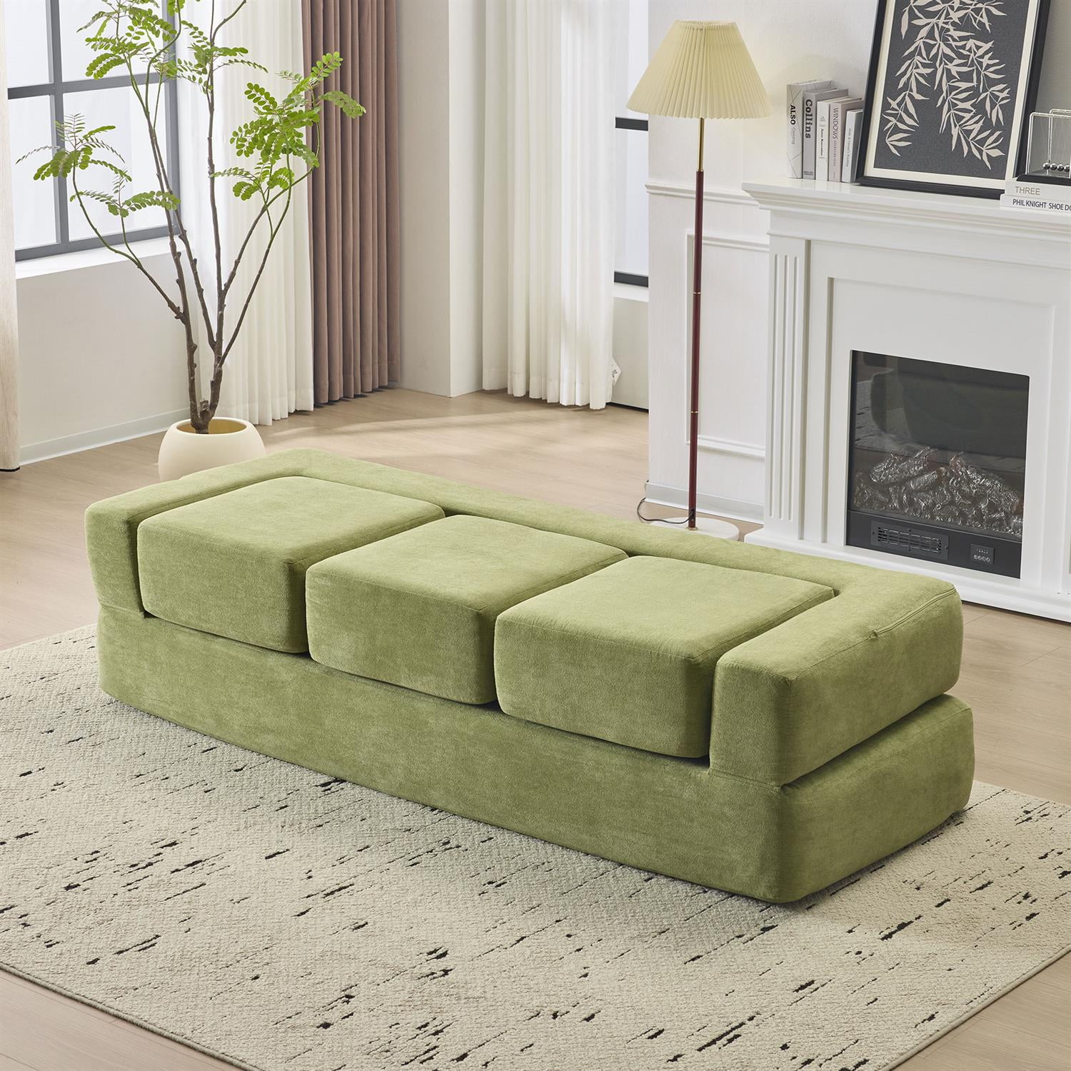 Demi Bonn Convertible Sectional Sofa with 3 Storage Ottomans, Space-Saving Chenille Couch, High-Resilience Foam for Studio Apartments & Home Offices, Green
