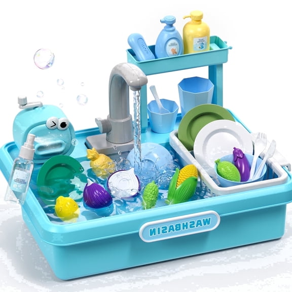 Gelomee Play Sink with Running Water, Pretend Kitchen Playset & Electric Faucet, Water Table for Boys Girls , Outdoor Toys for Toddlers 1-3