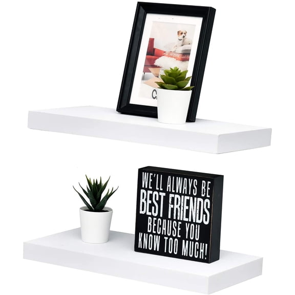 WELLAND 15 Inch Simons Wood Modern Floating Shelf Wall Mounted Display Shelves, Set of 2, 15"L x 7.75"D x 1.25"T, White