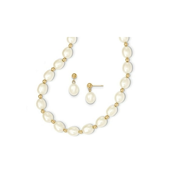 14K Yellow Gold Freshwater Cultured White Pearl 7-8mm Dangle Earrings and matching Necklace Set