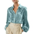 thumbnail image 3 of Aboser Vintage Velvet Blouses for Women Business Casual Button Down Shirts Elegant Long Lantern Sleeve Tops Loose Fit Collared Blouse Solid Color Velour Shirt, 3 of 9