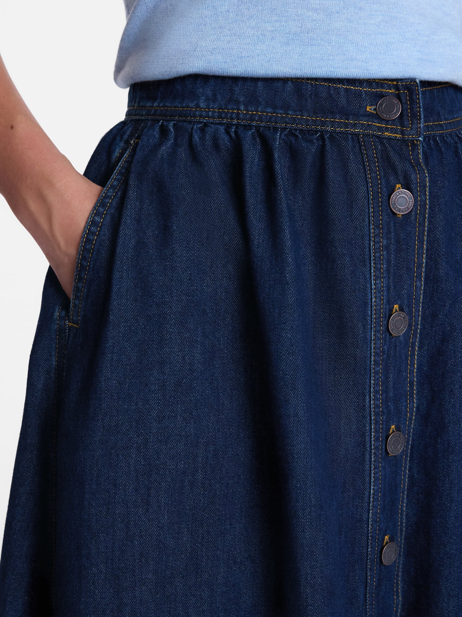 Time and Tru Women's Button Front Denim Midi Skirt, Sizes XS – XXXL