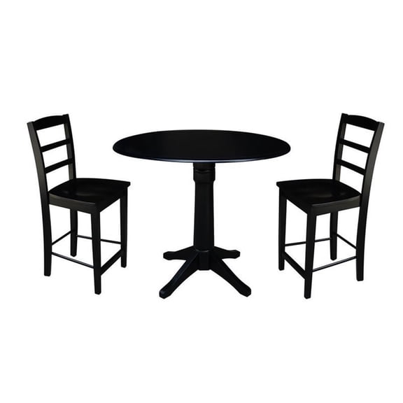International Concepts 3-Piece Black Solid Wood Counter Height Dining Set with 42" Round Pedestal Drop Leaf Table and 2 Ladder Back Stools