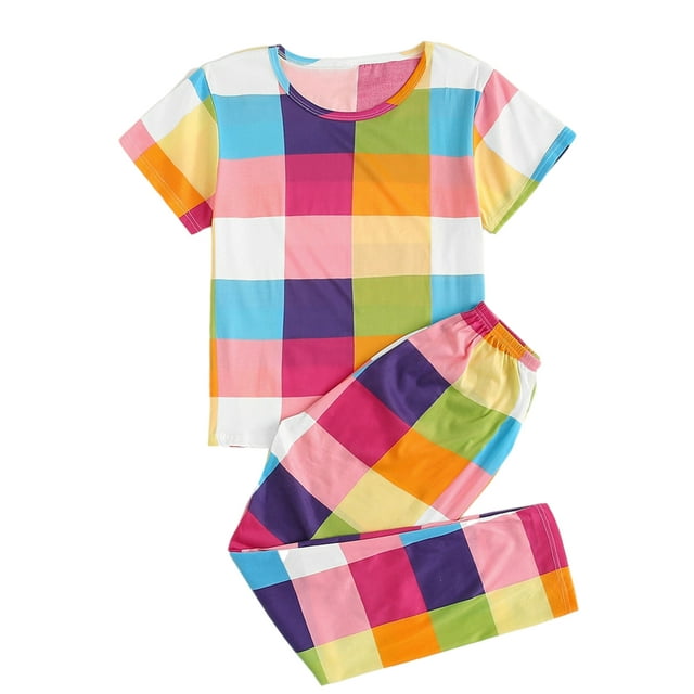 Innerwin Pajamas Set Plaid Printed Ladies Sleepwear Home Color Block Basic Nightwear Color Square S