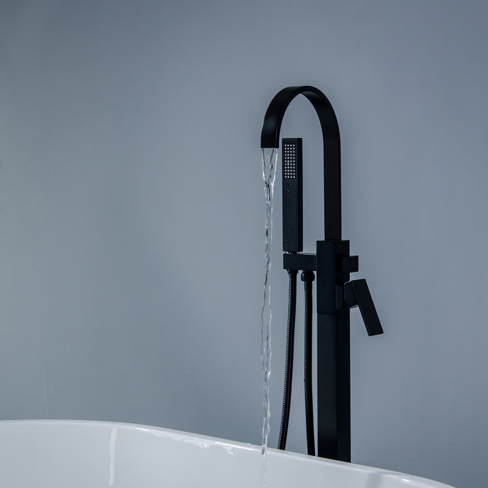 BWE Waterfall Spout Freestanding Floor Mounted Bathtub Faucet with Hand Shower Single Handle Bathroom Faucet with Handheld Sprayer in Matte Black Floor Mount Tub Filler Leadless Solid Brass