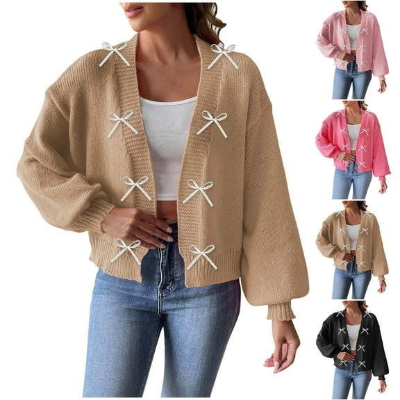 Miluxas Women's Open Front Bow Cardigan Sweaters Knit Long Puff Sleeve Trendy Fall Winter Jacket Coats Pink XL(XL)