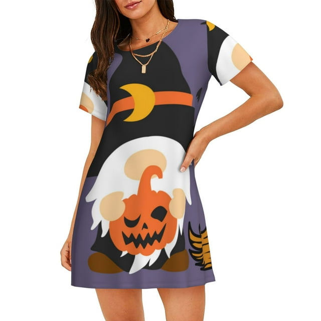 Disketp Halloween Gnomes para Camisón Corto de Manga Corta para Mujeres, Camisón Cómodo con Escote Redondo, Bonito y Confortable