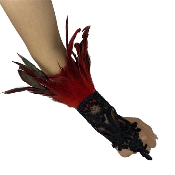 JFGHDG Women Gothic Lace Feather Wrist Cuffs, Fingerless Embroidered Costume Cuffs for Halloween Burlesque Carnival Party Dress‑up Red One Size