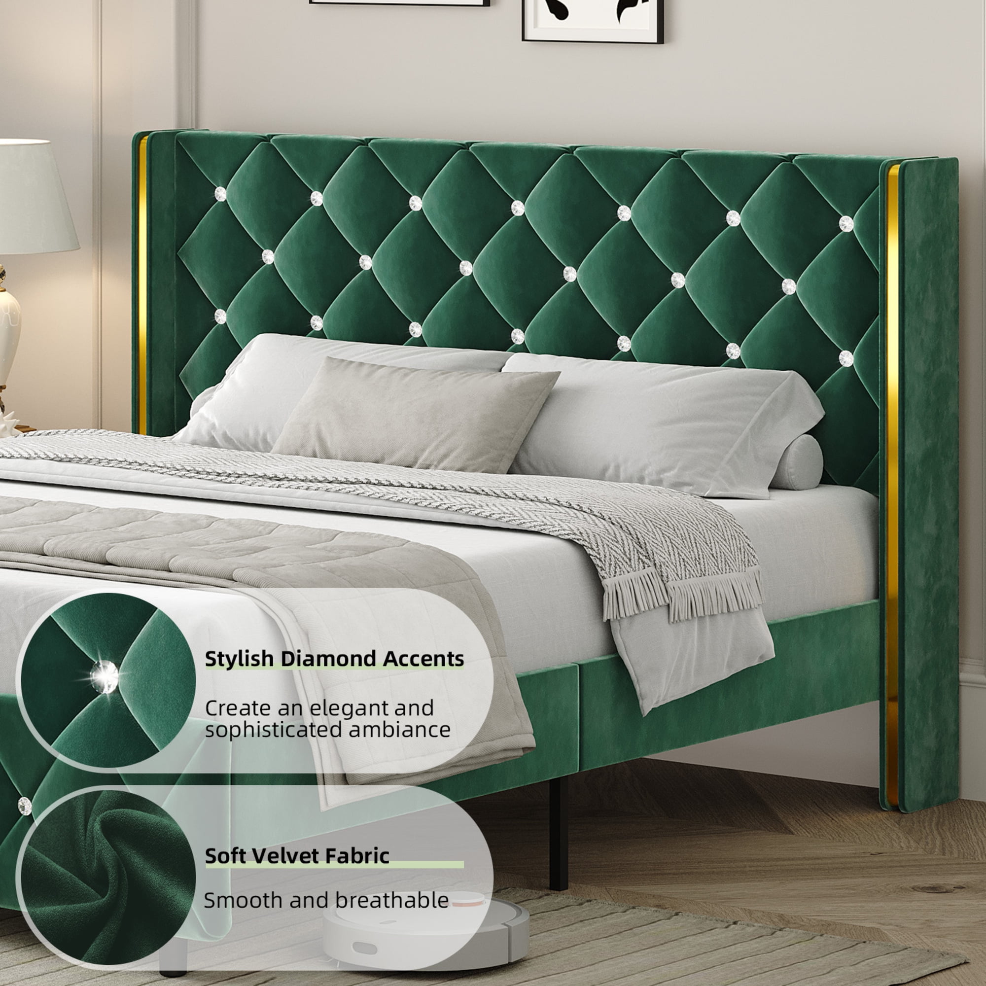 4 EVER WINNER Green Twin Velvet Bed Frame, Gold-Trim Button Tufted Headboard, No Box Spring Needed, Easy Assembly