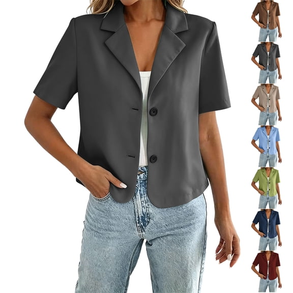 TGSLY Short Sleeve Cropped Blazer for Women Lightweight Notched Lapel Solid Color Suit Coat Dressy Casual Single Breasted Button Business Jacket XXXL
