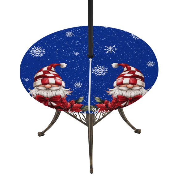Round Outdoor Tablecloth with Umbrella Hole and Zipper, Blue Gnomes Christmas Fitted Table Cover with Elastic Edge for 55-60 Inch, Snowflake Xmas Poinsettia Waterproof Patio Tablecoths for Picnic