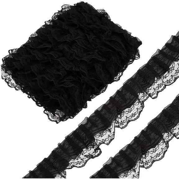 11 Yards Black Ruffle Pleated Lace Trim Gathered Embroidered Fabric Applique Trimming Double Layer Ruffled Edge Tulle Ribbon Bulk for Sewing Making Crafts Dresses Clothes Wedding Costume Diy