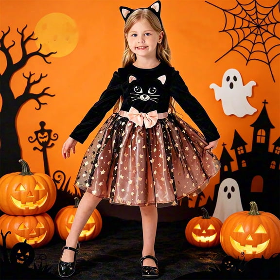 Toddler Baby Girls Cat Long Sleeve Tulle Halloween Dress 2-3 Years