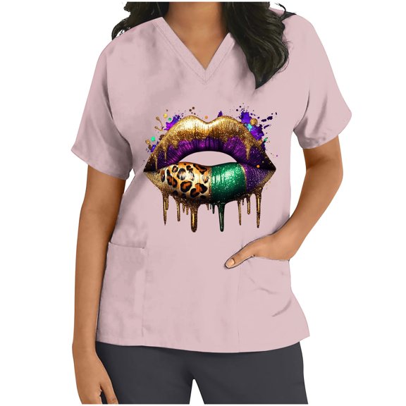 Idoravan Women Short Sleeve Tunic Blouse Women's Scrub Tops Women's Short Sleeve V-Neck Top Carnival Print Pocket Nurse Top Short Sleeve V-Neck Top Pink XXL