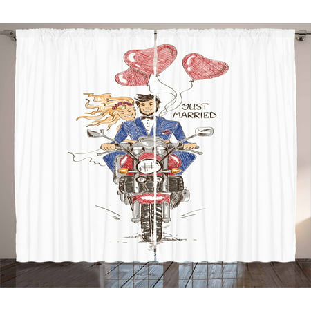 Motorcycle Curtains 2 Panels Set, Sketch of a Married Couple on Bike with Hand Drawn Heart Shaped Balloons Wedding, Window Drapes for Living Room Bedroom, 108W X 63L Inches, Multicolor, by (Best Bedroom Color For Married Couple)