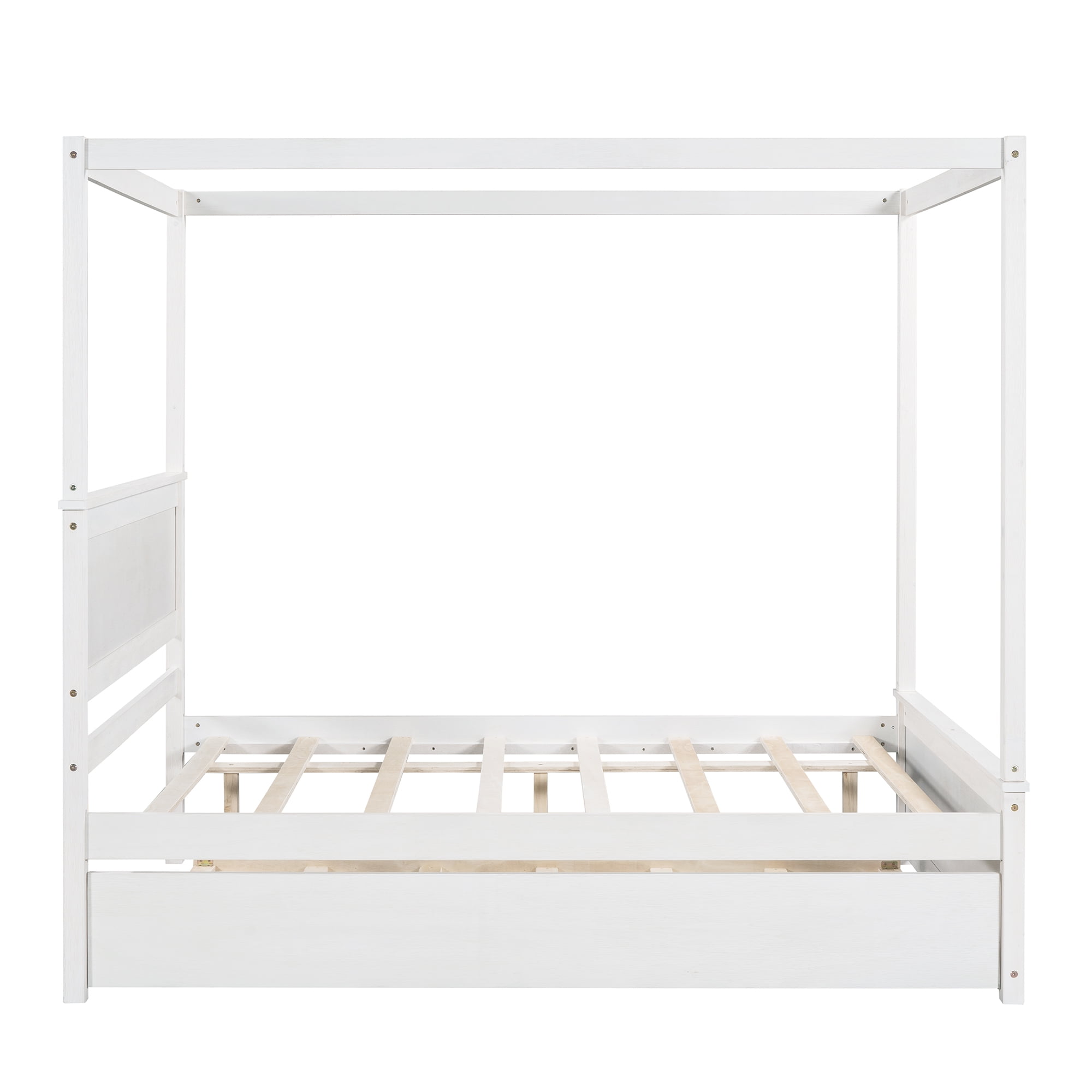 DEALTOPS Wood Canopy Platform Bed with Trundle, Full Bed Frame with Support Slats, White