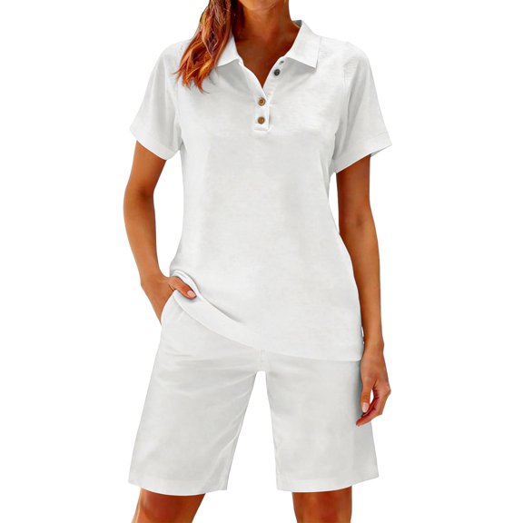 Arlun 2 Piece Short Sets for Women Summer V-Neck Button up Short Sleeve Polo Shirts Matching Straight Leg Shorts with Pocket Casual Workout and Daily Wear Two Piece Fashion Outfit White XL