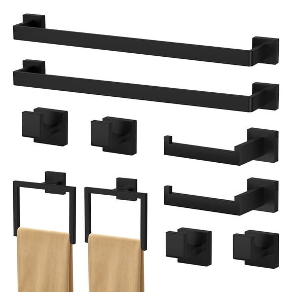 10-Piece Matte Black Bathroom Set - SUS 304 Stainless Steel Towel Bars, Rings, Toilet Paper Holders & Hooks