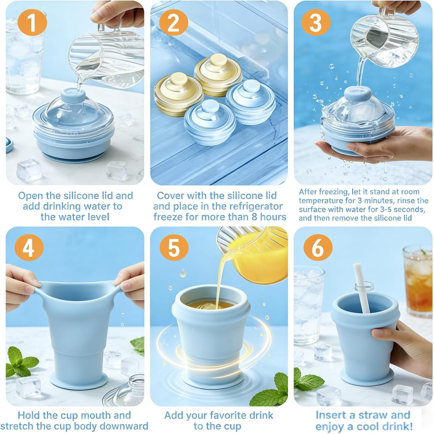 2-in-1 Collapsible Silicone Ice Ball Maker Cup 325 ml Silicone Ice Sphere Mold with Lid and Straw for Travel Drinks