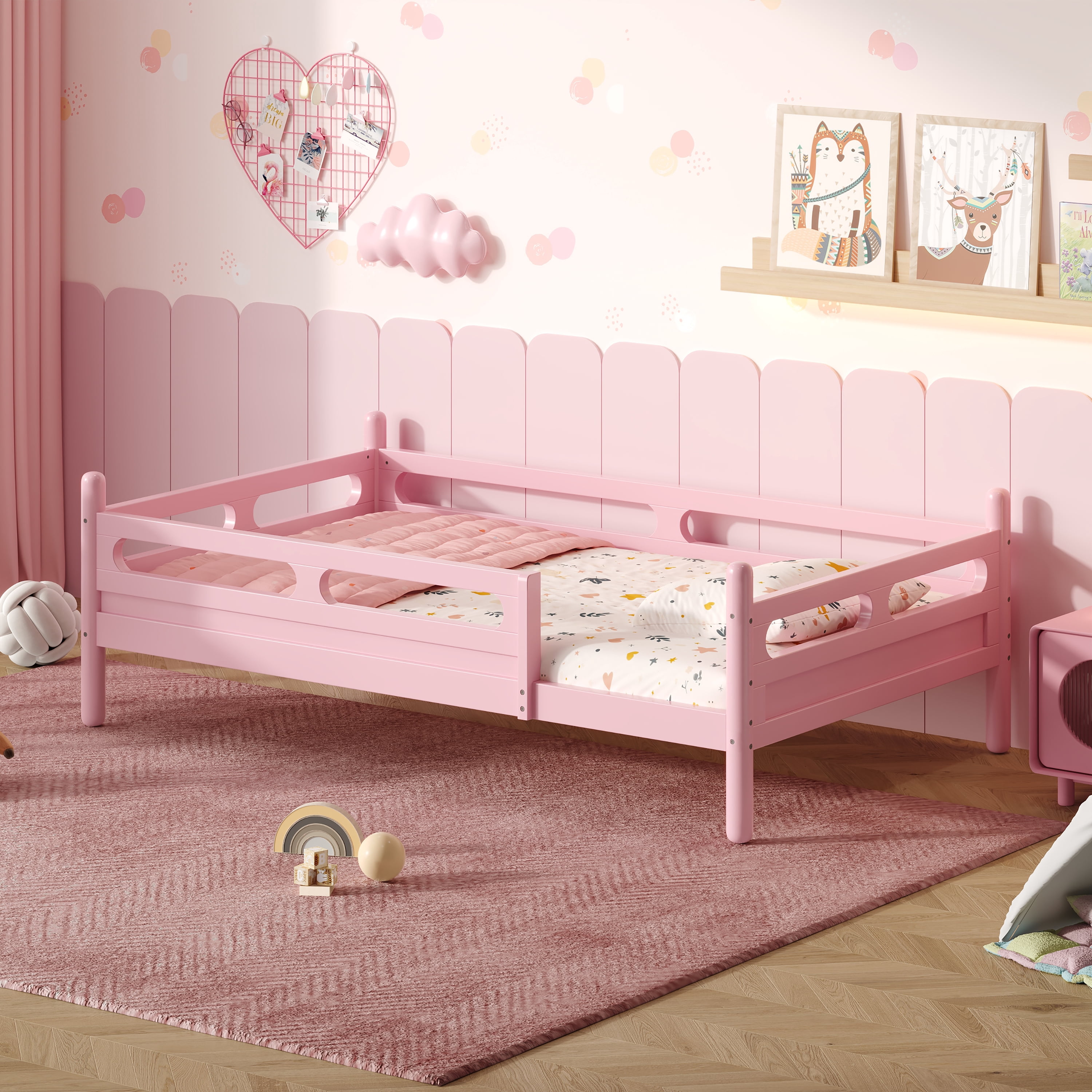 Euroco Wood Twin Size Platform Bed, Low Profile Bed with Guardrails and Slats Support, Pink