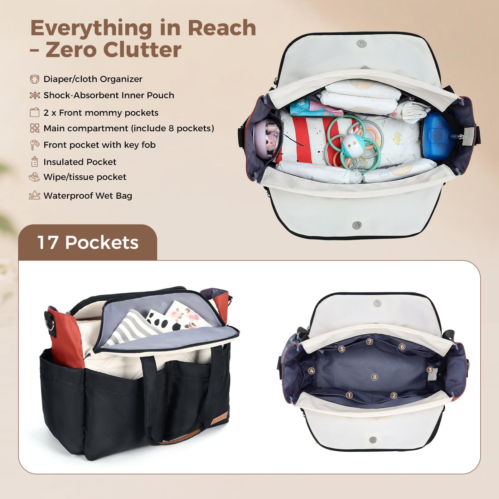 Diaper Bag Tote for Baby, Large Travel Diaper Bag with 17 Pockets, Waterproof Baby Bag with Portable Changing Pad, Crossbody Diaper Tote for Mom, Hospital Labor & Delivery Bag, Newborn Baby Essential