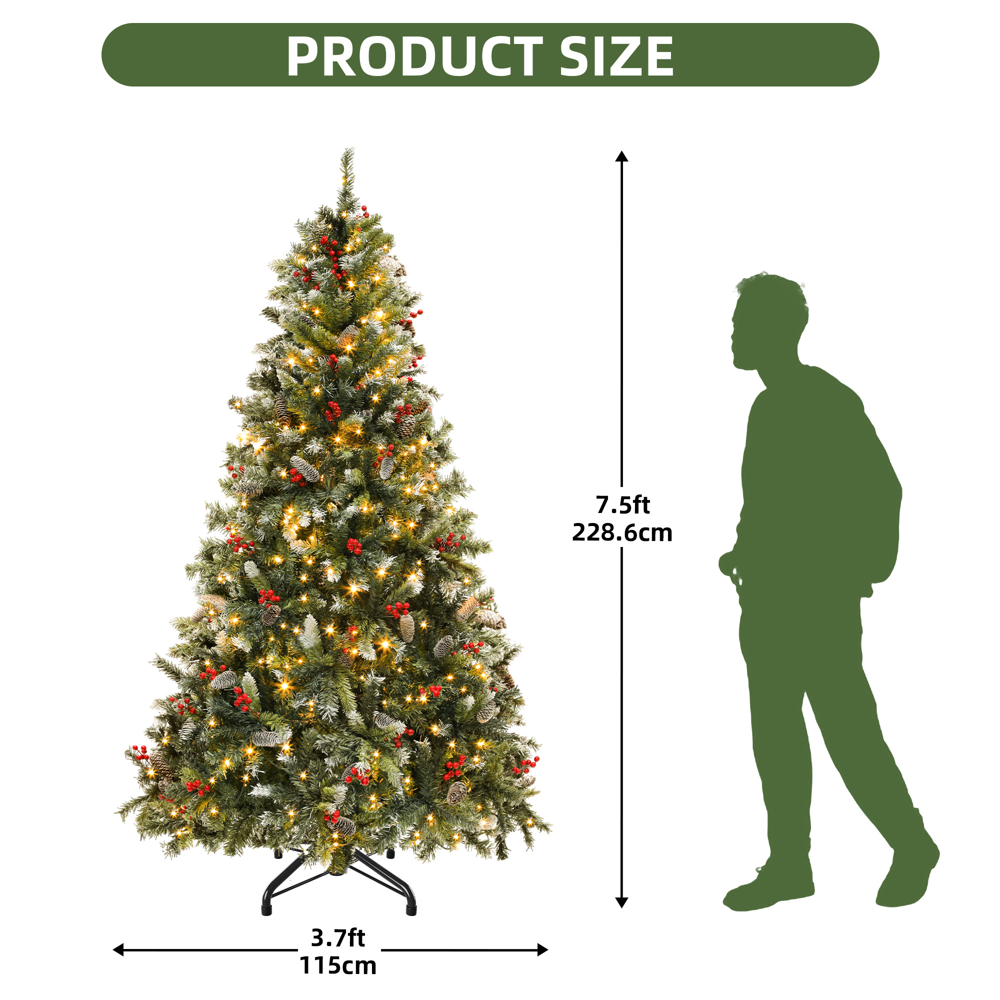 Uforic 7.5 ft Prelit Flocked Pine Artificial Christmas Tree with 1398 Tips & 550 Lights, Remote Control, Green