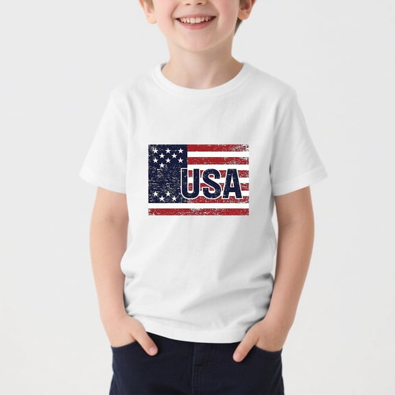 Amidoa Boys 4th of July T Shirts- Crewneck Casual Short Sleeve Soft Kids Patriotic Clothes White Size 5-12
