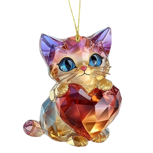 Adorno de animales de dibujos animados para San Valentín Llavero acrílico con un gato, un perro y un conejo sosteniendo un corazón Accesorio para el espejo retrovisor del coche