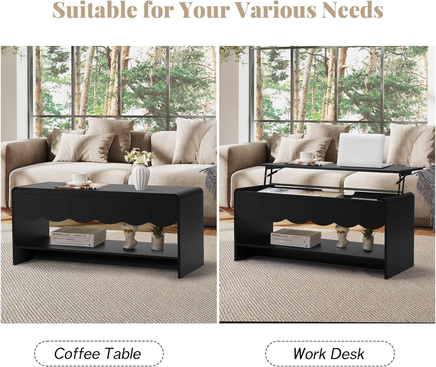 Wirrytor Lift Top Coffee Table with Storage for Living Room, Oval Coffee Table with Hidden Compartment and Open Shelf, Modern Center Table with Wave Edge Design