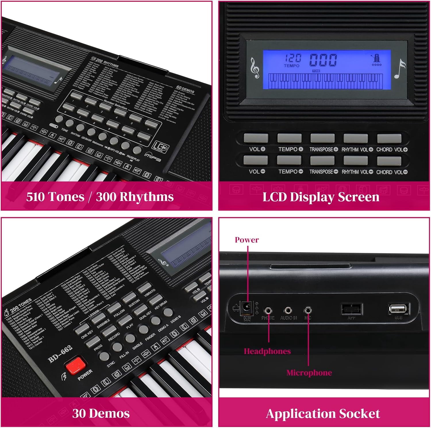 GLARRY 61-Key Portable Electronic Piano Keyboard for Beginner w/Lighted Keys, LCD Screen, Microphone, Headphones, 3 Teaching Modes, Built-In Speakers