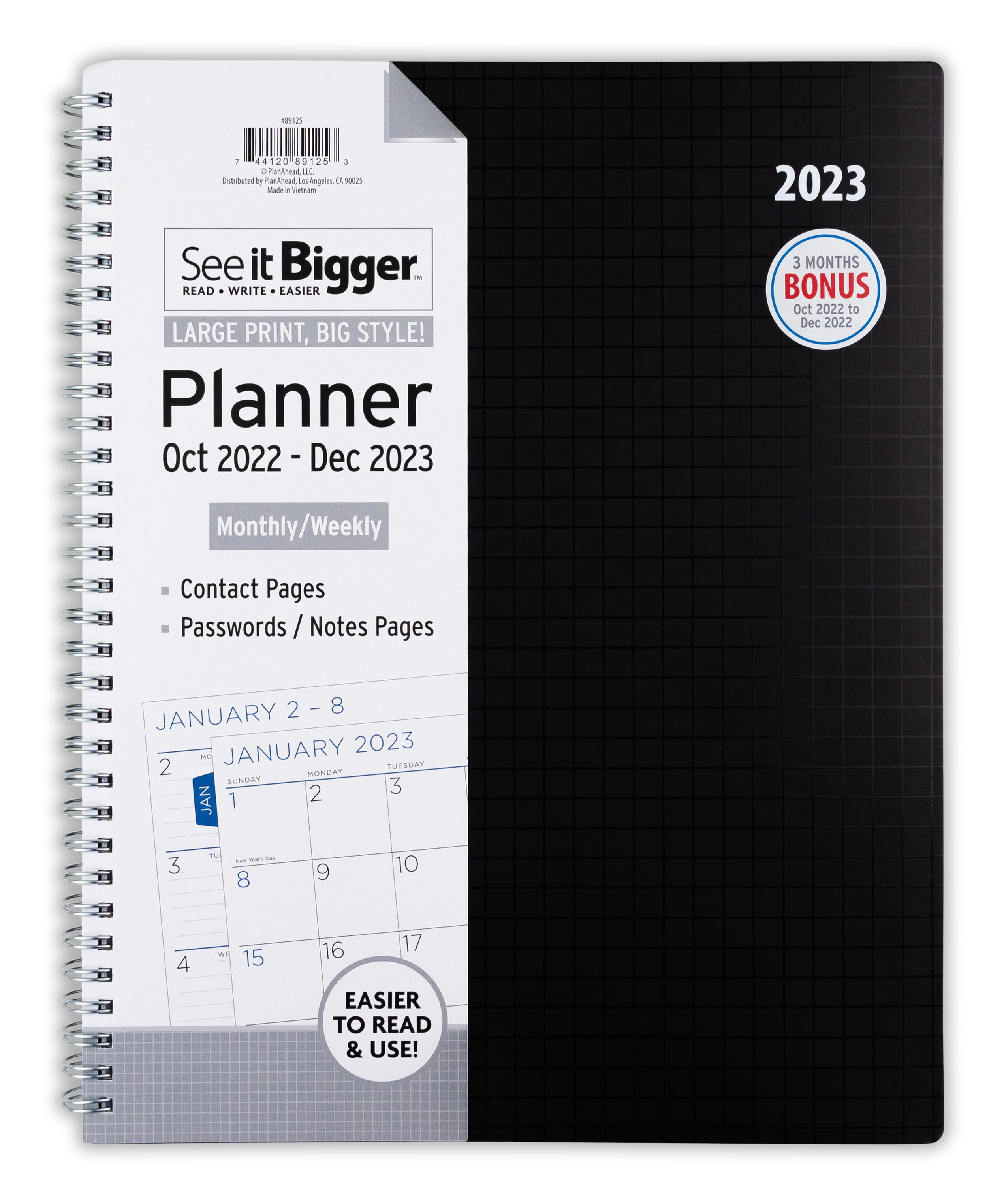 See It Bigger Monthly & Weekly Planner, Oct 2022 - Dec 2023 (9.75" x 11") Black