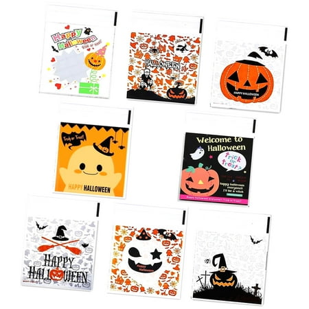 SKYSONIC 400 Pcs Candy Bags, Trick or Cookie Bags for Party Supplies, Cellophane Goodie Bags (12 oz, 8 Styles)