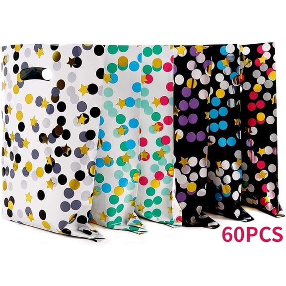 TYMZDYN 60 Pack Plastic Party Gift Bags, Durable Return Gift Bags With Handles, Plastic Candy Bags For Goodie, Party Favor Bags For Kids Birthday (Polka Dots And Small Stars)