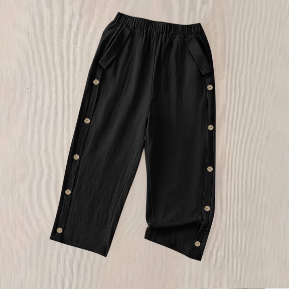 Costeam Womens Linen Textured Capri Pants Solid Color Elastic Waist with Side Pockets Side Button Detail Loose Fit Casual Cropped Trousers Soft Breathable Lightweight Calf Length Pants