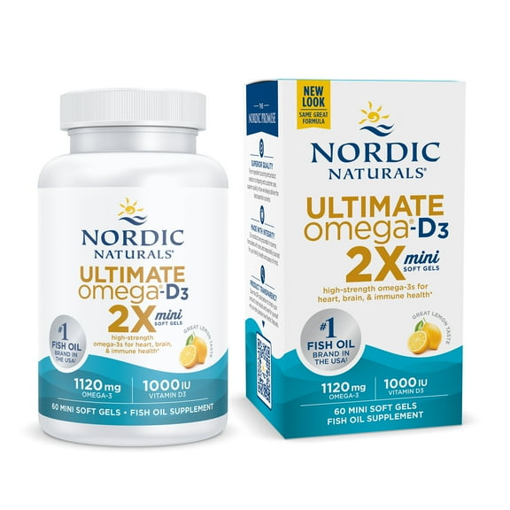 Nordic Naturals Ultimate Omega 1120 mg Omega-3 & 1000 IU D3, 60 Mini Softgels - Lemon, Heart & Brain Support
