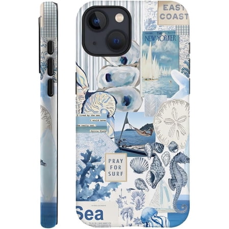 Case Compatible with iPhone 14 Plus Fall Prevention Hybrid 2-Layer Hard Shell Cases for Girls Boys Seashell Ocean Blue Retro Collage