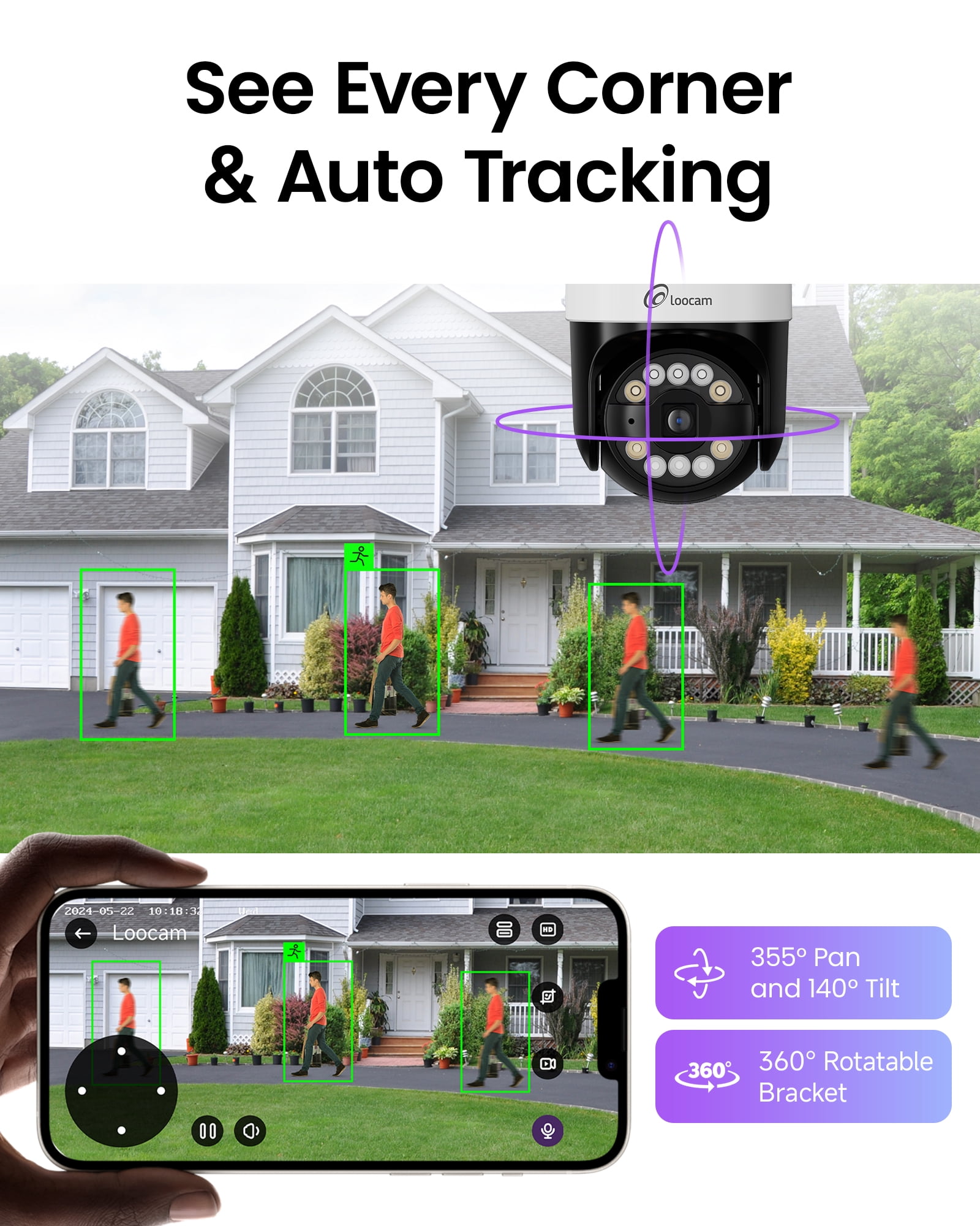 Loocam 8 Channel 4K PoE NVR Security Camera System with 2TB Hard Drive and 4pcs 5MP Wired 355° Pan & 140° Tilt Spotlight Cameras