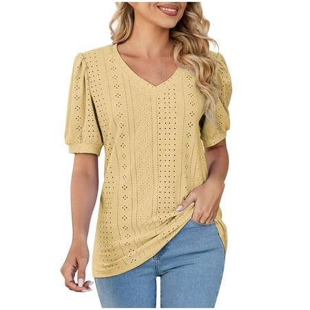VBVC Women s Summer V-Neck Top Ladies Puff-Sleeve Blouse Hollow-out Shirt For Women Yellow Size M