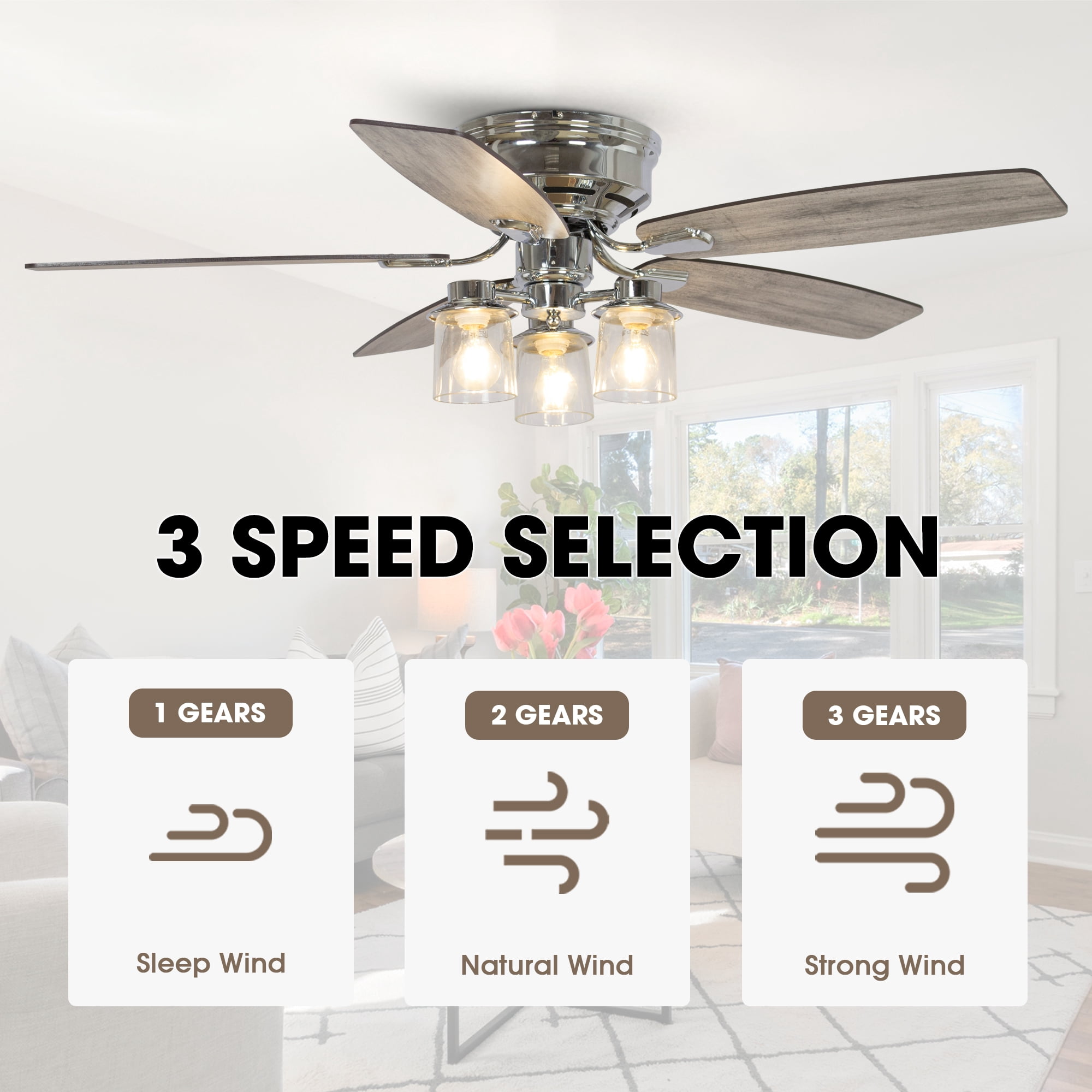 52" Modern Glass Shade Flush Mount Ceiling Fan with Remote and Light, Chrome Low Profile Chandelier Ceiling Fan
