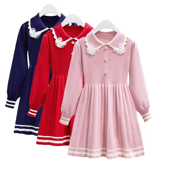 Godderr 2-8Y Baby Kids Girls Candy Color Knit Dress Toddler Lapel Lace Princess Dress Bowknot Long Sleeve Casual Dress Fall Sweater Dress