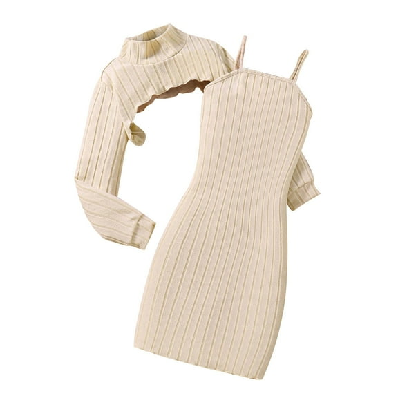 Odeerbi 6-13 Years Kids Girls Summer Outfits Cotton Slip Bodycon Dress with Bolero Shrugs Two-piece Set Solid Color Sheath Dress Set Kids Girls Clothes
