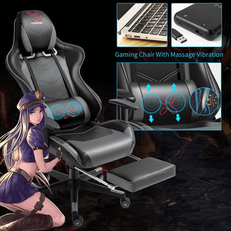 Adjustable Swivel Gaming Chair with Massage Pillow &Footrest, Leather PC  Video Game Chairs,Black 