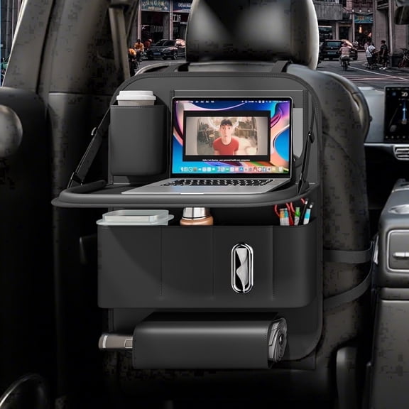 GMQ Backseat Car Organizer with Tray 1 pack,Car Backseat with Foldable Table for Kids,Multifunctional Seat Back Organizer with Storage Pockets(Black)