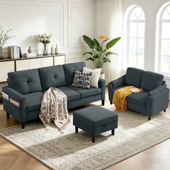 Pingliang Home Living Room Furniture Set,Sectional Sofa Couch with Storage Ottoman and Loveseat,3 Seater L-shaped Sofa and 2 Seater Couch for Home Apartment Studio Office