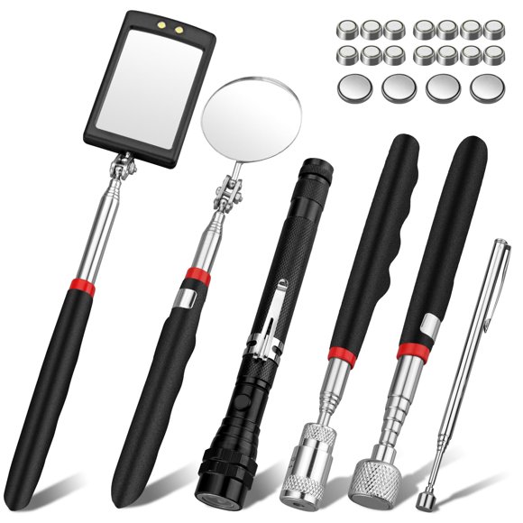 XUNTOP 6 PCS Magnetic Telescoping Pickup Grabber Tool Set Including 15 lb/1 lb/8 lb with LED Light/Round/Square Inspection Mirror/