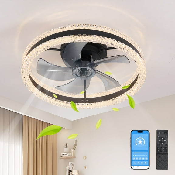 Crystal Fandelier with Light, Black 20 Inch Low Profile Ceiling Fan with Remote and App, 6-Speed Reversible Motor