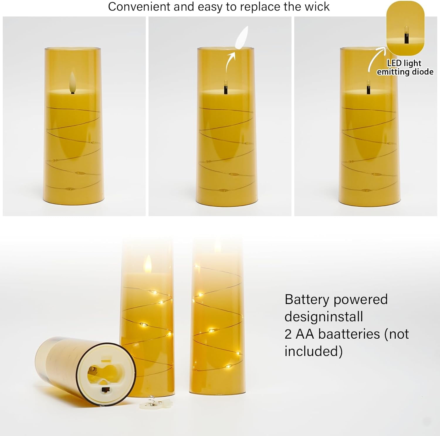 Flameless LED Candles with Timer 5 Pc Flickering Flameless Candles for Romantic Ambiance and Home Decoration Stable Acrylic Shell,with Embedded Star String，Battery Operated Candles