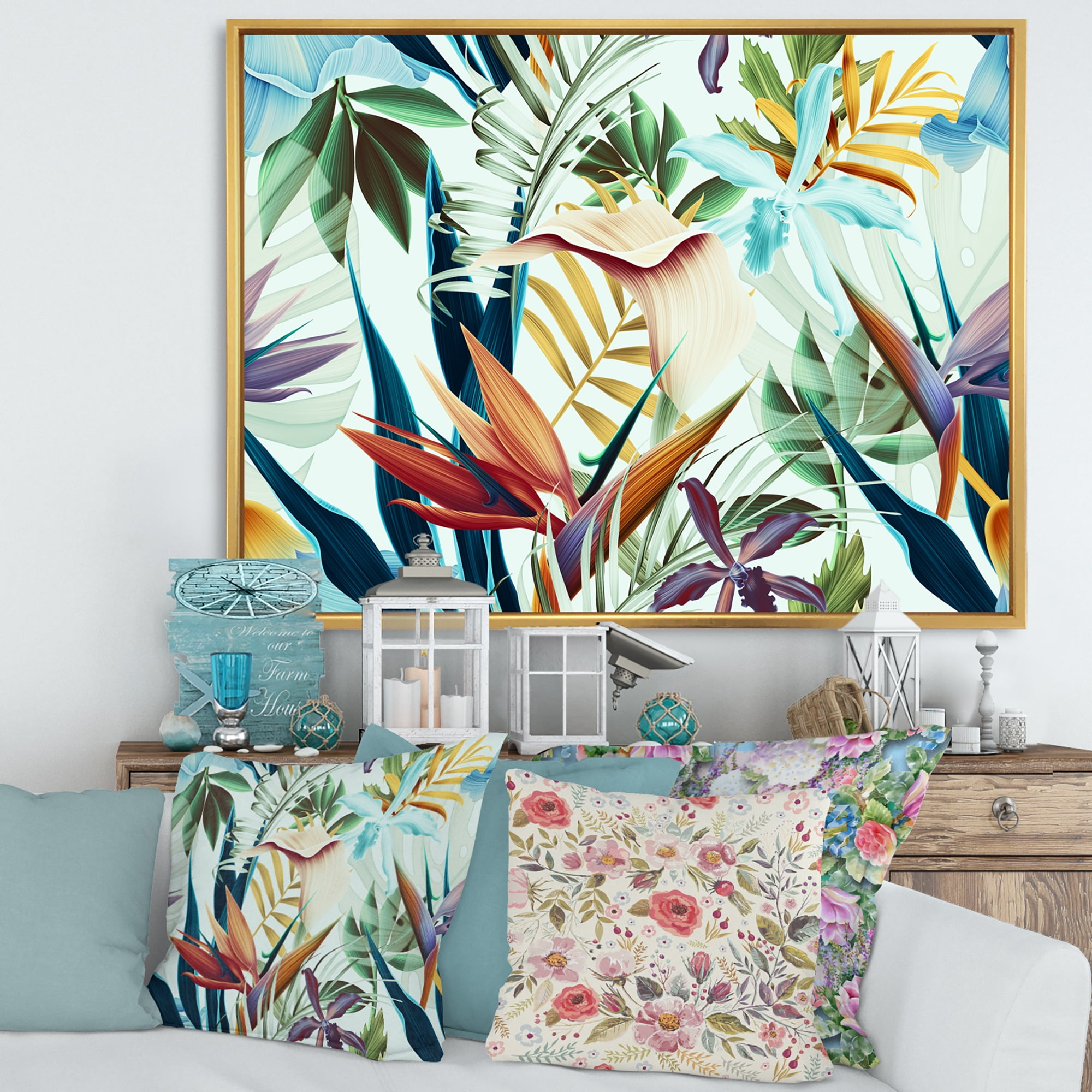 Designart 'VIntage Tropical Flowers I' Tropical Framed Canvas Wall Art Print