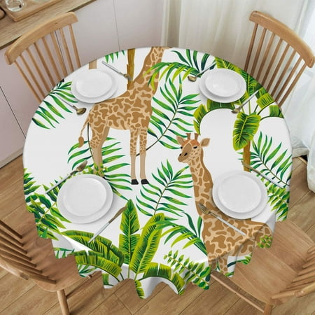 

Round Tablecloth 60 Inch Graceful Animal Giraffe In Jungle Of Exotic Green Palm Trees And Fern Leaves Waterproof Heat Resistant Table Cloth Cover for Kitchen Dining Indoor Outdoor Farmhouse Decor