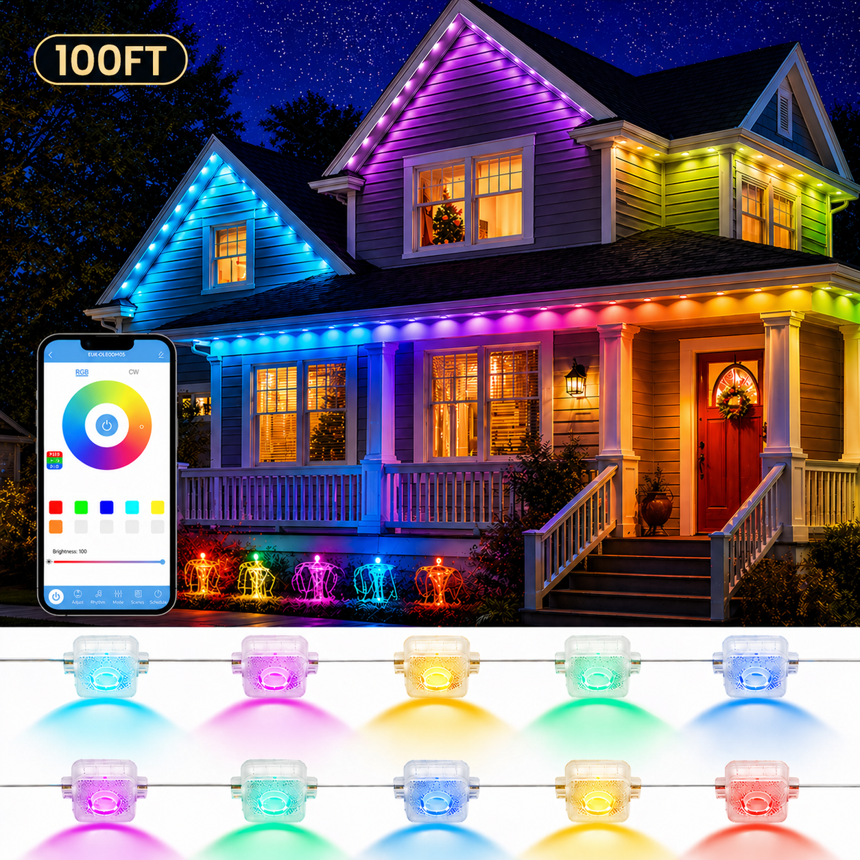 IJIL Permanent Outdoor Lights, 100 FT 60 RGBIC Waterproof LED String Lights for Roof Patio Party Decor